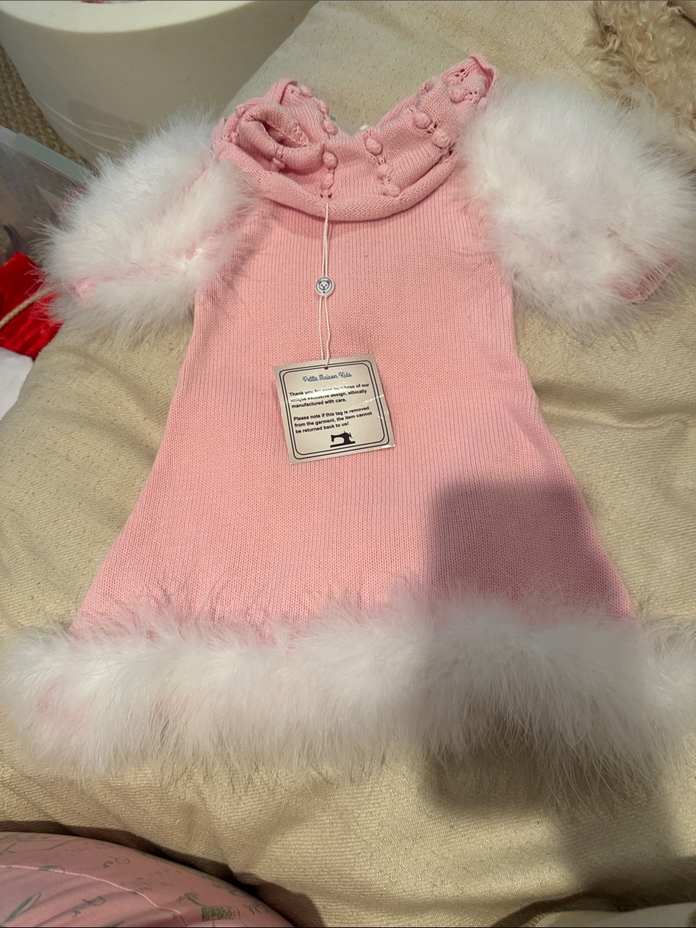 Girls' Pink Knit Dress with White Faux-Fur Trim